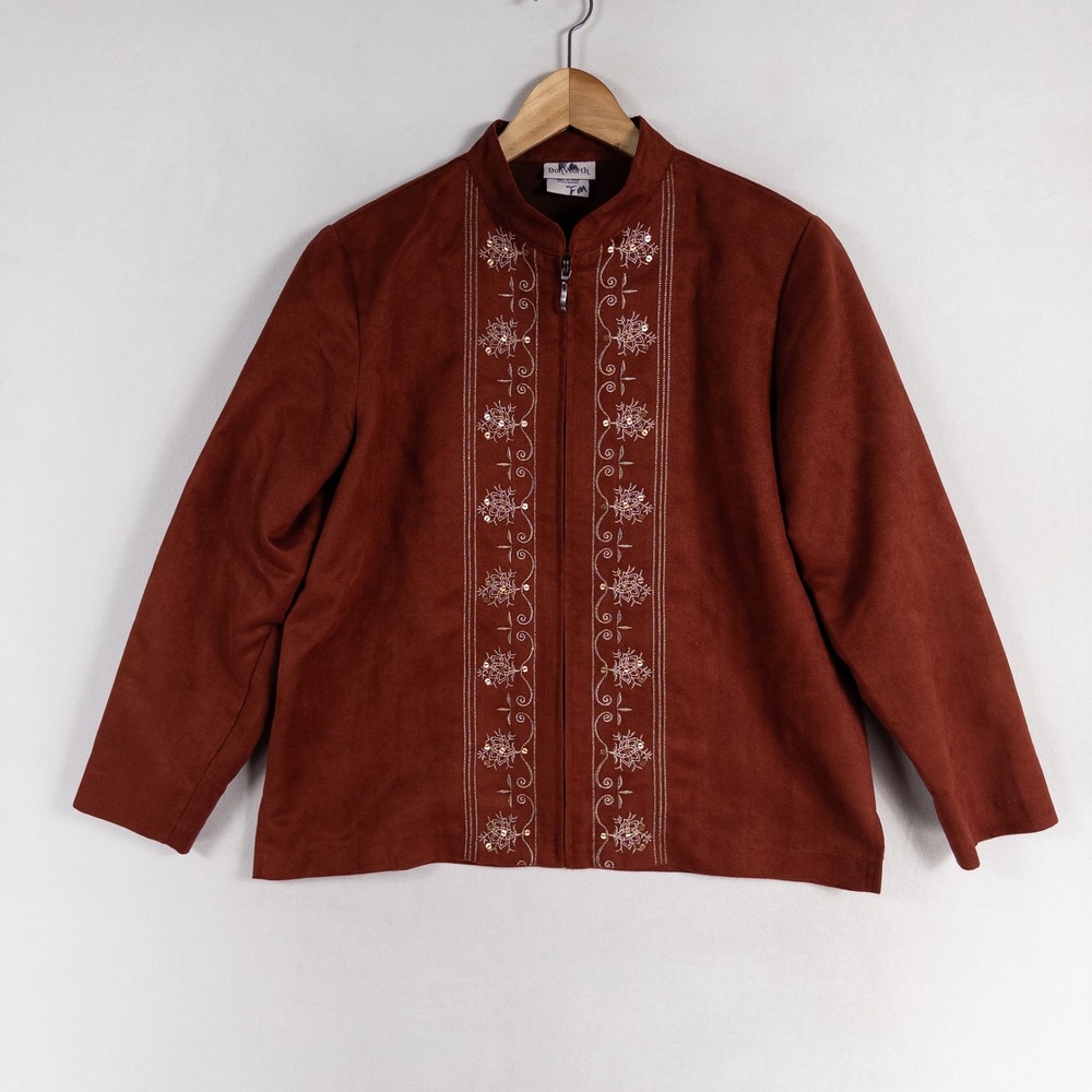 Bonworth Womens Shacket Shirt Jacket Small PETITE Brick Red Embroidered Zip Up